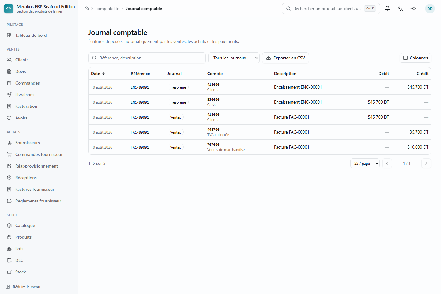 Journal comptable avec écritures en partie double générées par une facture et son paiement
