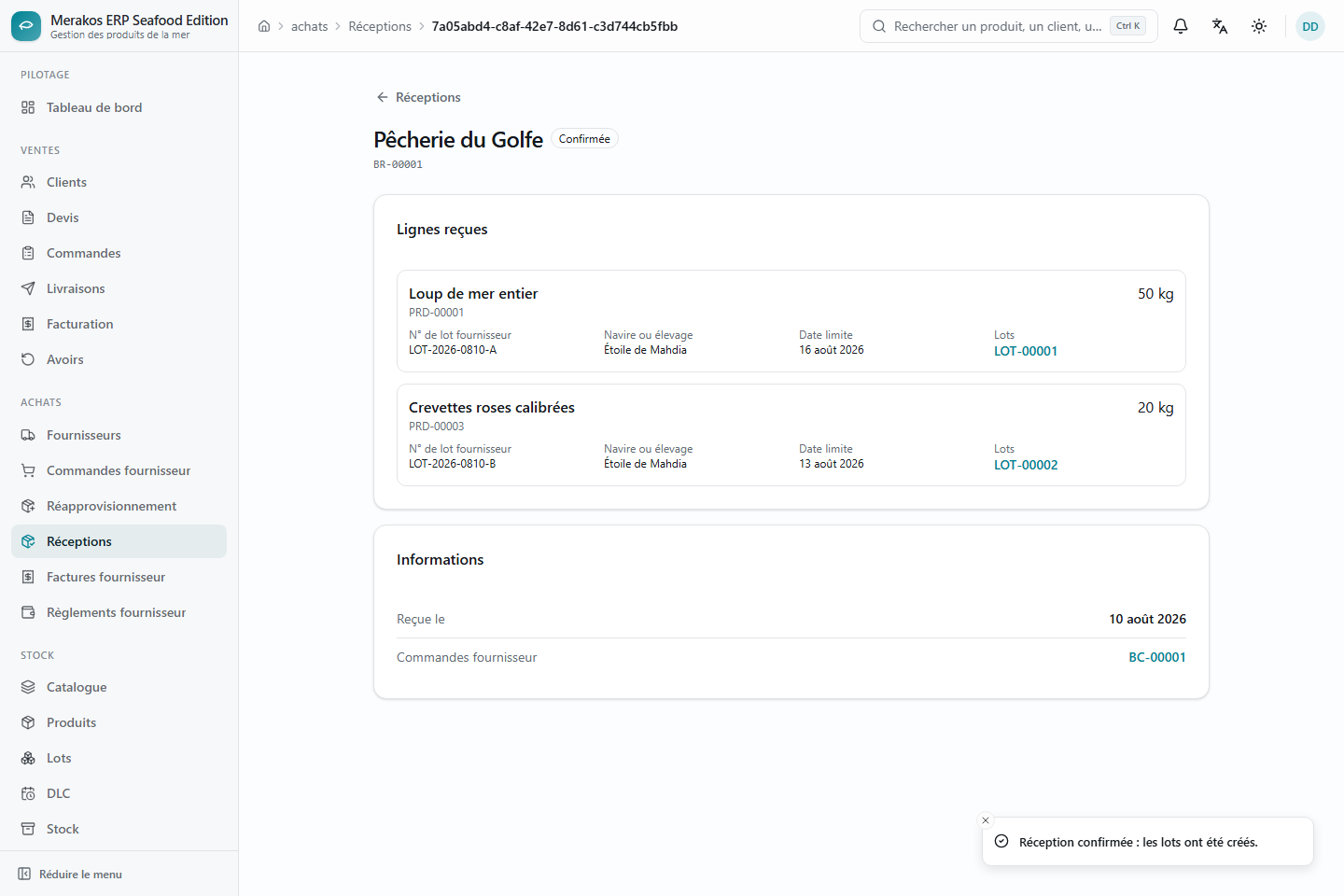 Réception confirmée avec traçabilité complète (navire, dates, lots créés)